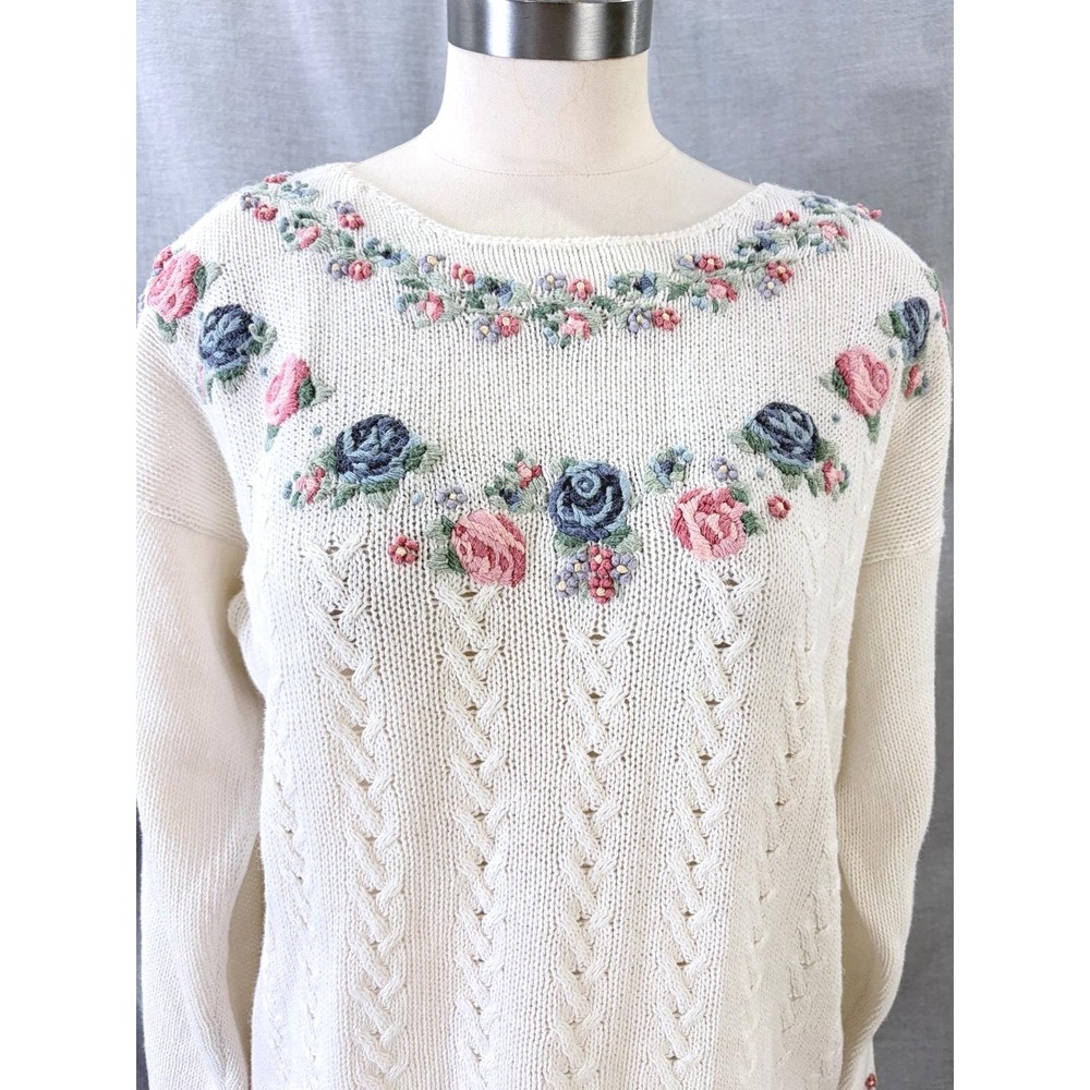 Vintage Floral Ninon de Lenclos Embroidered Cable Knit Sweater Cream M 90s